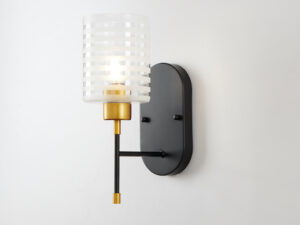 Modern Wall Sconce Light | Black & Gold Metal with Striped Frosted Glass Shade | Bedroom / Hallway / Living Room