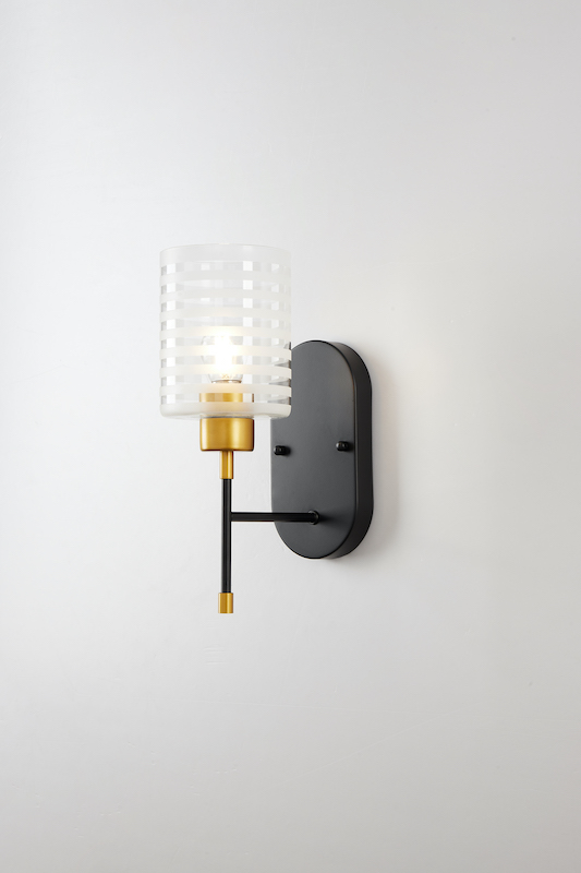 Modern Wall Sconce Light | Black & Gold Metal with Striped Frosted Glass Shade | Bedroom / Hallway / Living Room