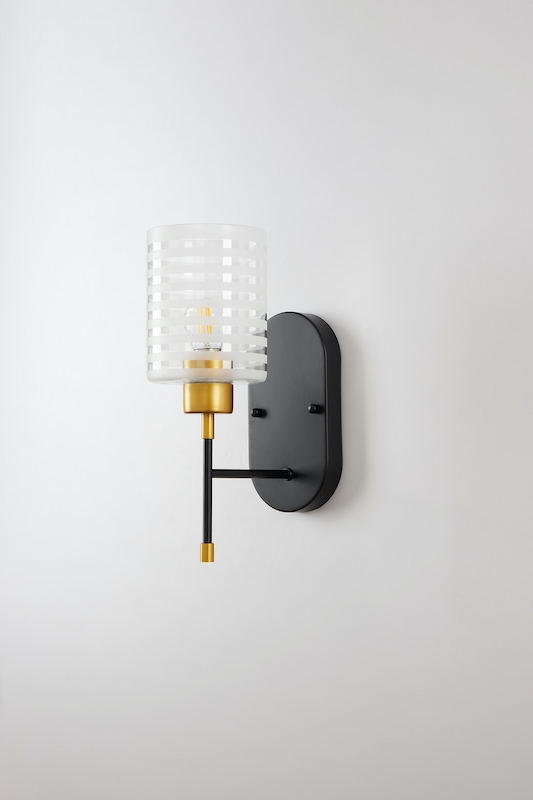 Modern Wall Sconce Light | Black & Gold Metal with Striped Frosted Glass Shade | Bedroom / Hallway / Living Room - Imagen 3