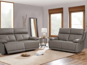 Modern Grey Leather Reclining Sofa Set – 2 & 3 Seater Electric Sofas with USB Charging for Contemporary Living Rooms