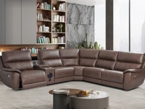 Luxury Reclining Sectional Sofa with Cup Holders & USB Ports – Premium Brown Leather for Modern Living Rooms
