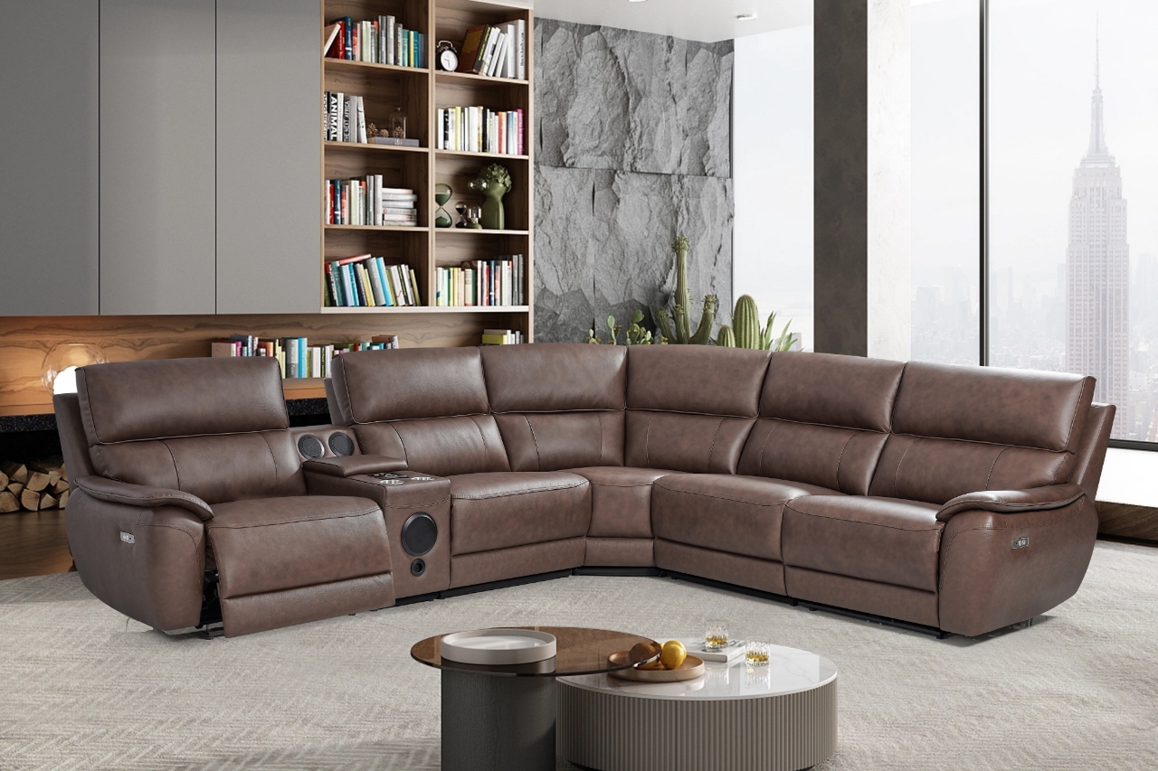 Luxury Reclining Sectional Sofa with Cup Holders & USB Ports – Premium Brown Leather for Modern Living Rooms