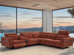 Modern Modular Reclining Sofa with Speakers – Rust Red Fabric Sectional