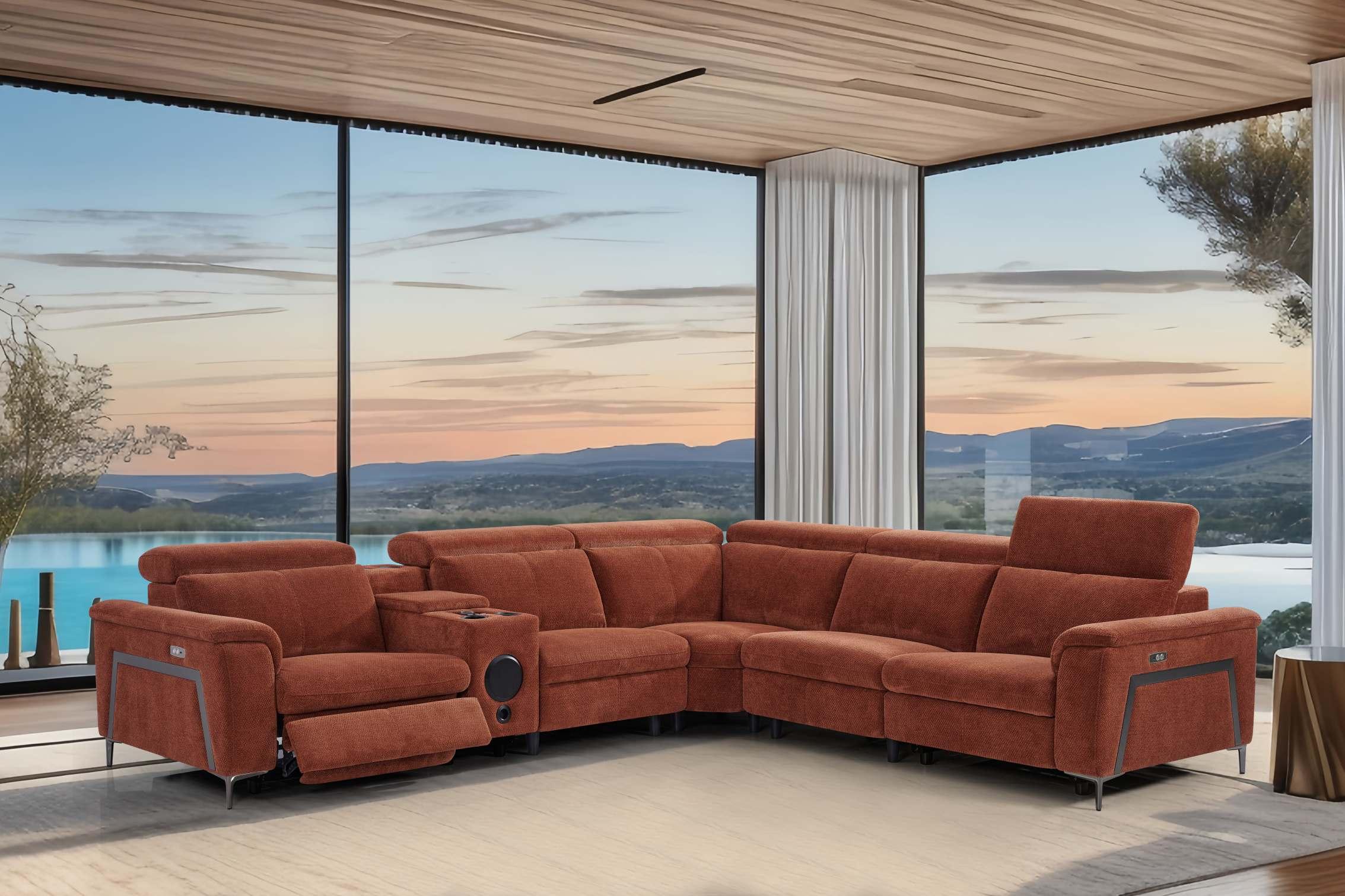 Modern Modular Reclining Sofa with Speakers – Rust Red Fabric Sectional
