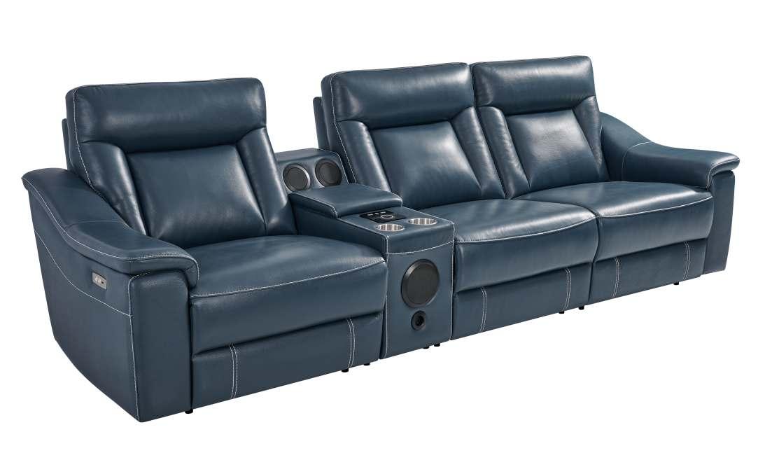 Modern Blue Leather Reclining Sectional Sofa with Audio System & Cup Holders - Imagen 2