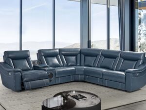 Modern Blue Leather Reclining Sectional Sofa with Audio System & Cup Holders