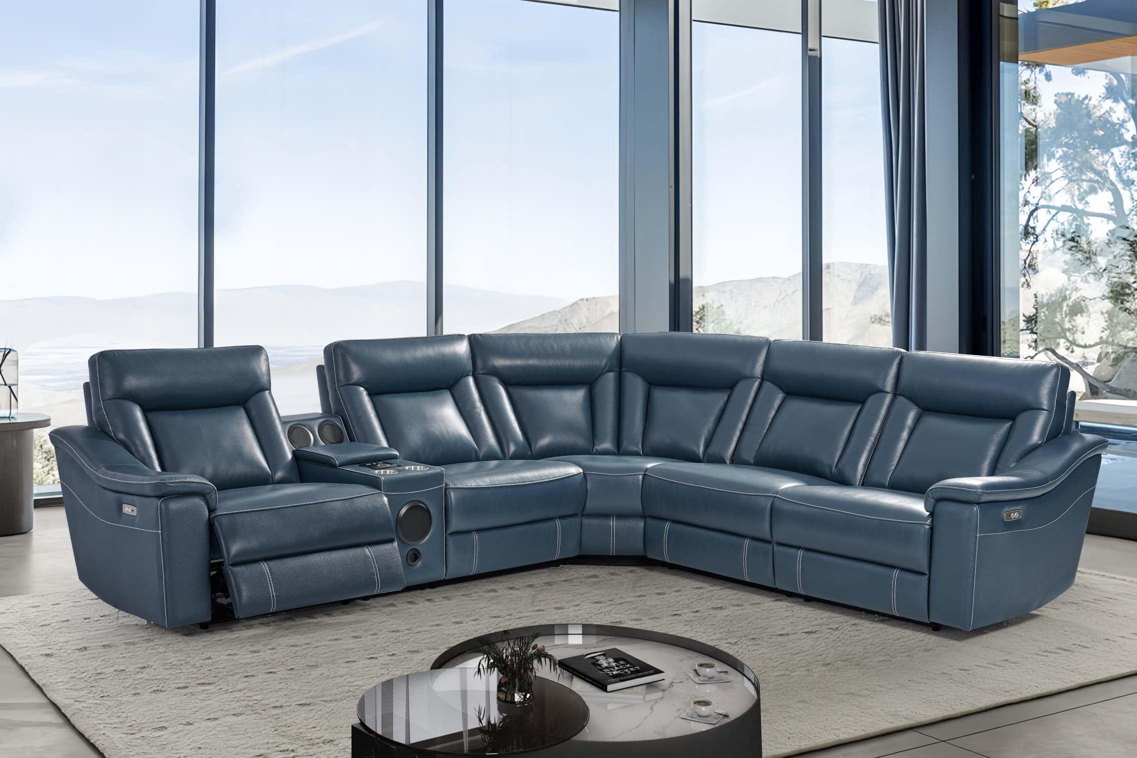 Modern Blue Leather Reclining Sectional Sofa with Audio System & Cup Holders