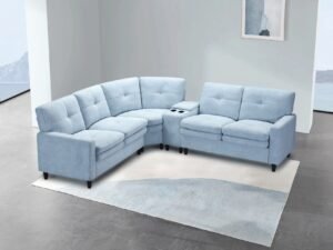 Modern L-Shaped Sectional Sofa with Cup Holder – Light Blue Fabric Couch